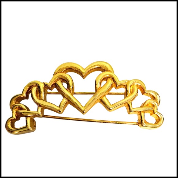 Vintage Jewelry - Gold Tone Open Hearts Brooch Wedding Pin Anniversary Gift Heart Jewelry